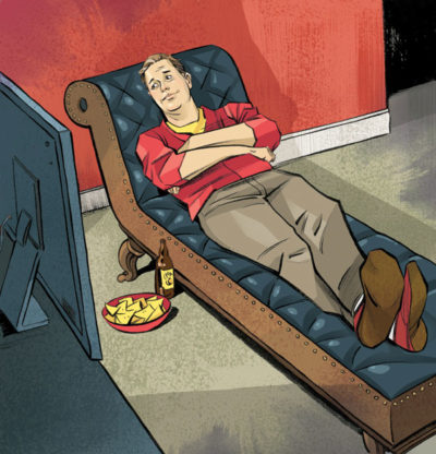 TV sports as therapy? Passionate fans tend to have lower rates of depression and higher self-esteem than the rest of us. Illustration by Kagan Mcleod.