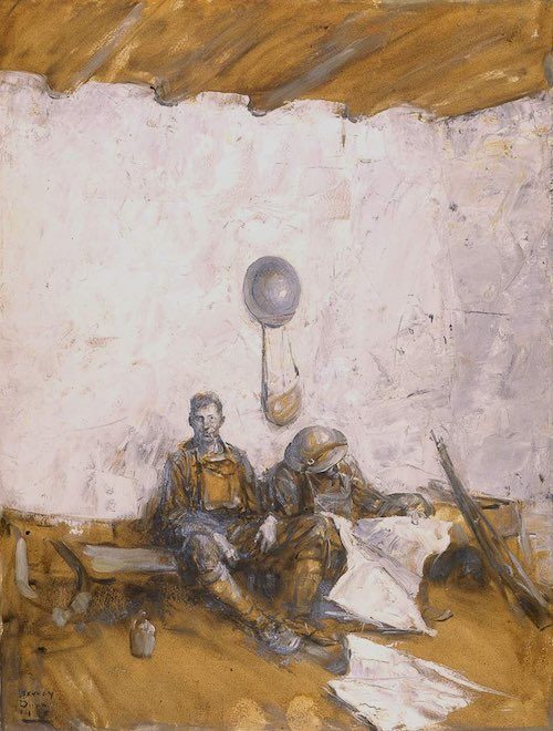 Two World War I soldiers sitting in a room