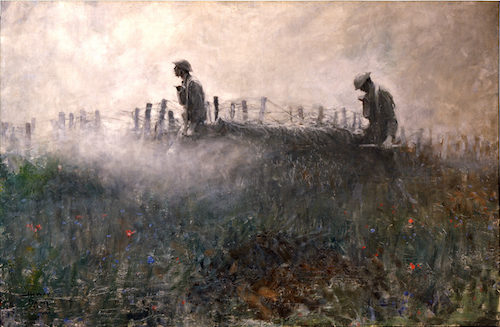 Two World War 1 soldiers walking in the twilight