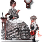a young schoolboy looks both embarrassed and fearful as a stern schoolmarm points to the clock on the wall.