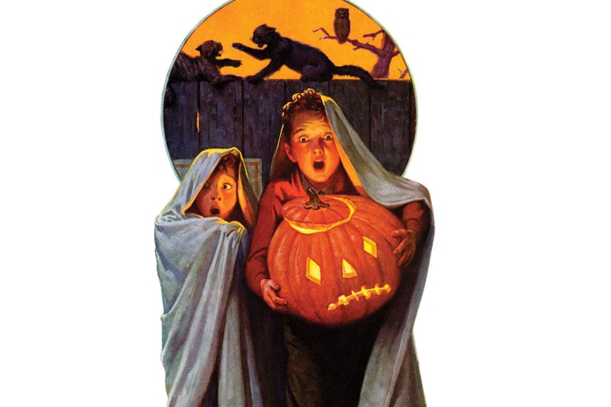 Two young boys holding a large jack-o'-lantern look utterly frightened as, behind them in silhouette, two cats argue on top of a fence while an owl looks on.