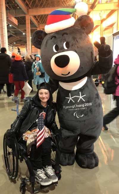 Saylor O'Brien with PyeongChang Olympics mascot in South Korea