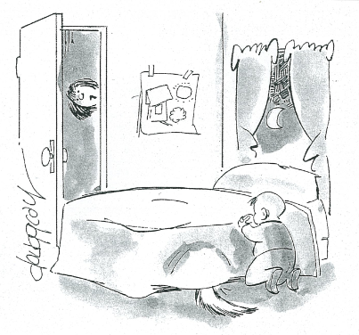 Cartoon of woman overhearing her son asking for God to bless the dog during his bedtime prayers.