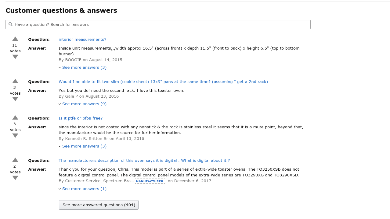 An Amazon.com item's customer questions and answers