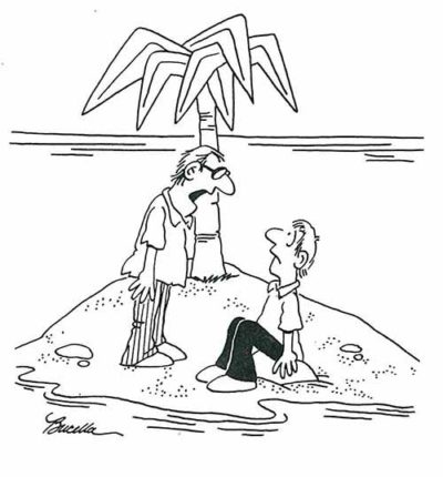 Two men talking on a deserted island.