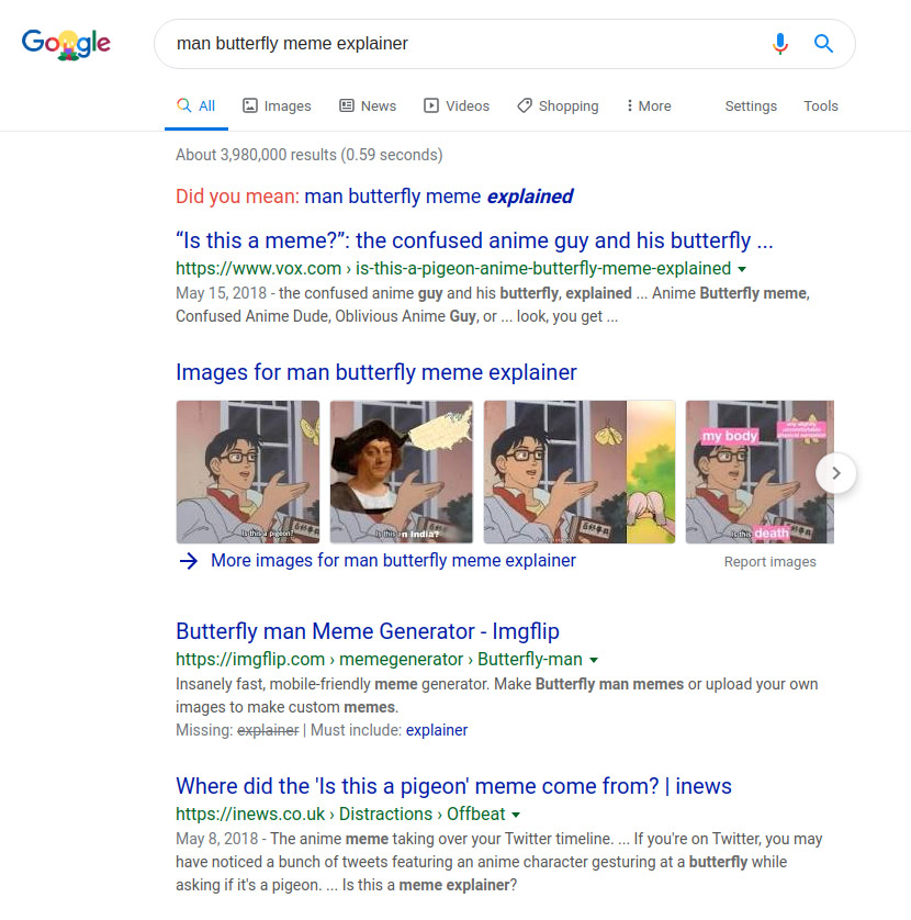 Screenshot of Google search results for “man butterfly mem explainer”
