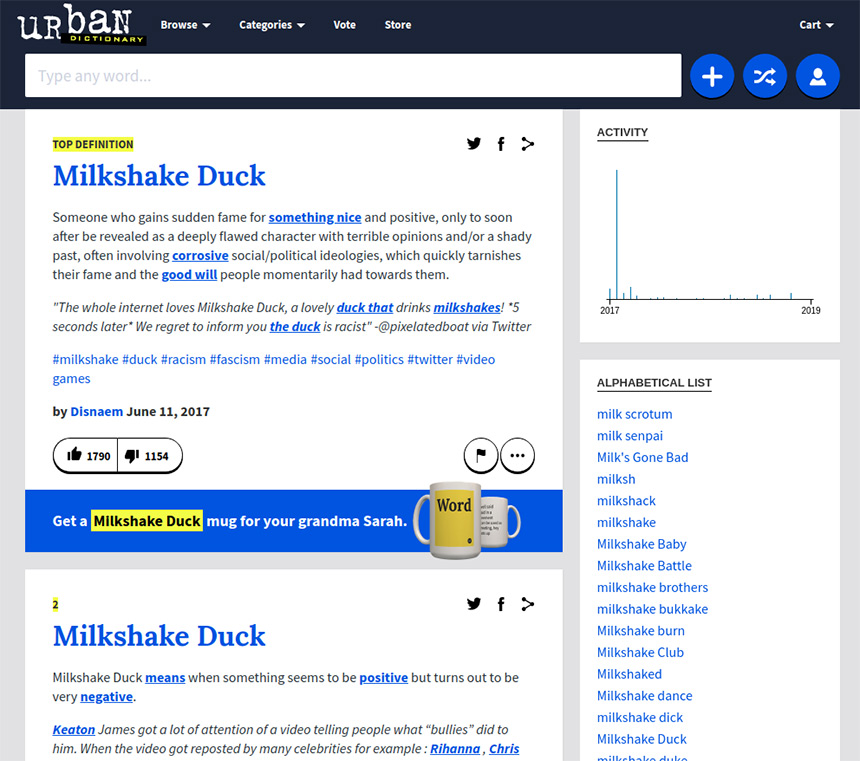 Screenshot of “milkshake duck” from Urban Dictionary