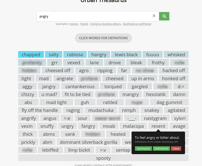 Screenshot of “angry” synonyms from Urban Thesaurus
