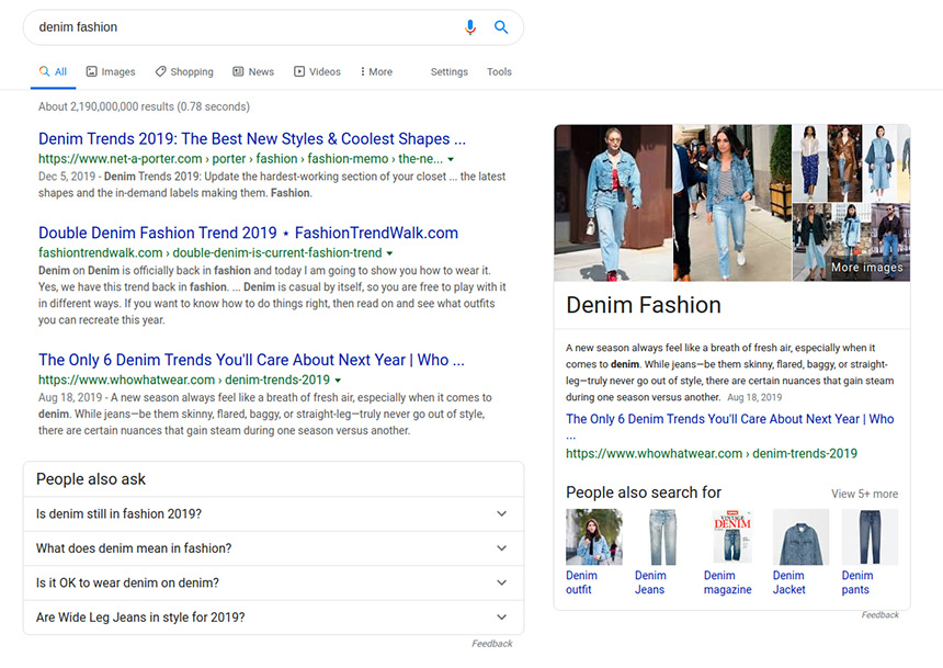 Screenshot of Google search results for “denim fashion”