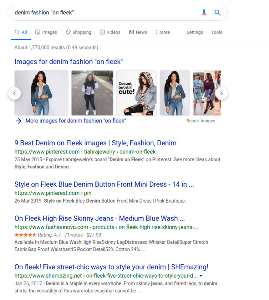 Screenshot of Google search results for “denim fashion ‘on fleek’”