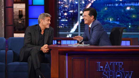 Actor George Clooney chats with Stephen on the premiere of the Late Show with Stephen Colbert, Sept. 8, 2015. (JEFFREY R. STAAB/CBS)