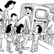 Delivery crew moving a television to a family's home