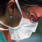 Closeup of Dr. Tammy Neblock-Beirne's face as she is performing surgery.