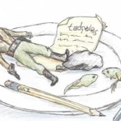 Illustration of a GI Joe figurine, a tadpole, a pencil, a rock, and a school report on a plate. Illustration by Karen Donley-Hayes