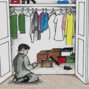 Sketch of a young man kneeling in an open closet, an item in his hand. Illustration by Amber Arnold © SEPS 2014