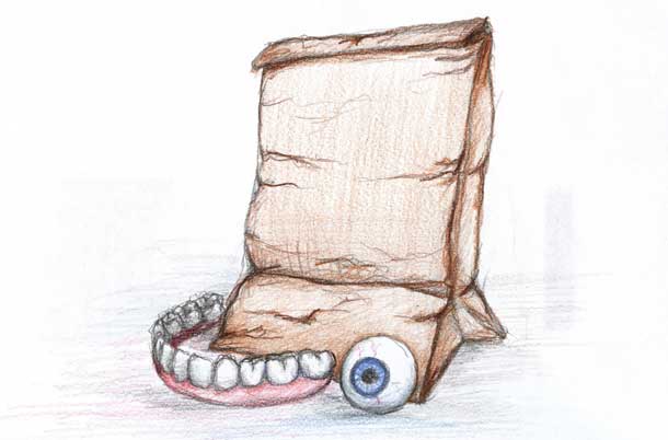 Sketch of a brown paper bag, a glass eye, and a row of false teeth. Illustration by Karen Donley-Hayes © SEPS