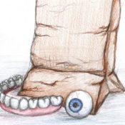 Sketch of a brown paper bag, a glass eye, and a row of false teeth. Illustration by Karen Donley-Hayes © SEPS