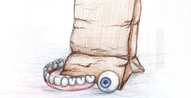 Sketch of a brown paper bag, a glass eye, and a row of false teeth. Illustration by Karen Donley-Hayes © SEPS