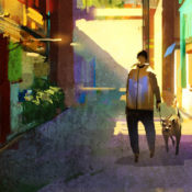 Man Walking Dog in a City