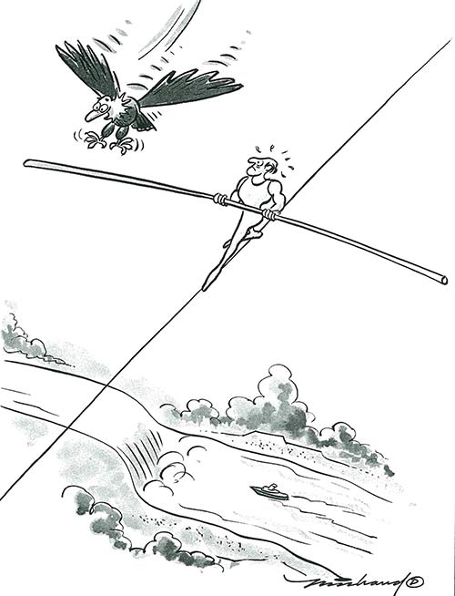 Trapeze,-Summer-1971_rd Tight rope performer looks on in alarm as an eagle lands on his balancing pole.