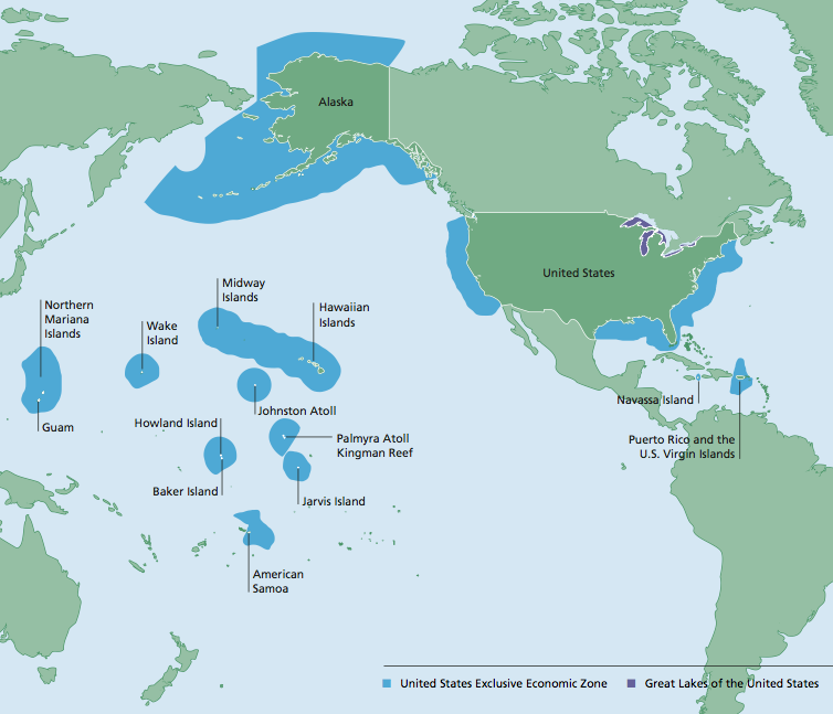 Political map showing the U.S.'s economic exclusive zones in the Pacific ocean