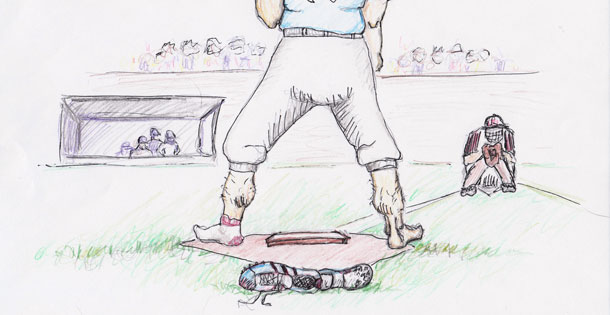 Sketch of the back of a baseball player, standing shoeless over the mound