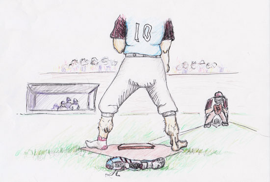 Sketch of the back of a baseball player, standing shoeless over the mound