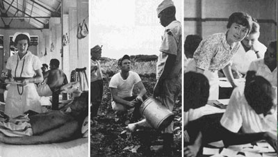From left to right: Peace Corps' Sadie Stout tends Malayan lepers; Vernon Guilliams aids farms in Dominican Republic; Marylee Myers teachers in British Honduras. Photos courtesy Peace Corps International. 