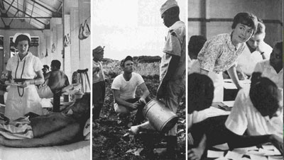 From left to right: Peace Corps' Sadie Stout tends Malayan lepers; Vernon Guilliams aids farms in Dominican Republic; Marylee Myers teachers in British Honduras. Photos courtesy Peace Corps International.