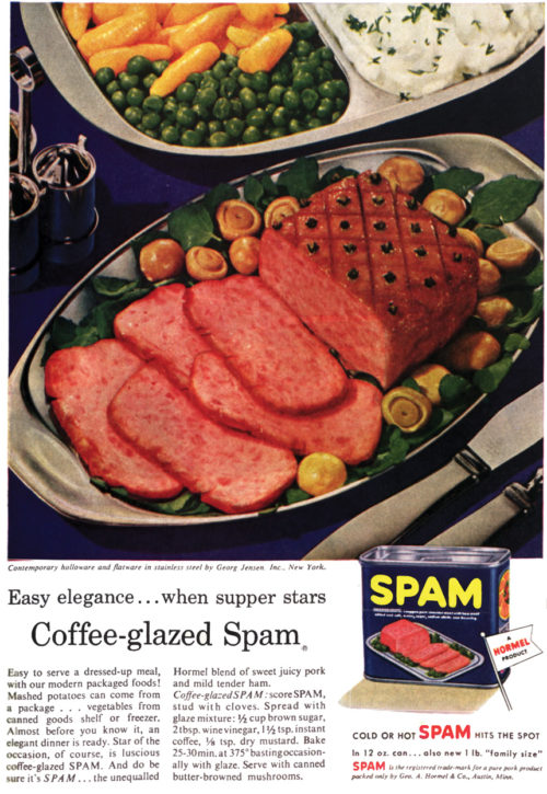 An ad for SPAM featuring a plate of roasted sliced SPAM on a fancy plate.
