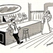 Angry bride finds her drunk groom at a bar.