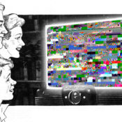 family gazing happily at an old-fashioned TV with no signal