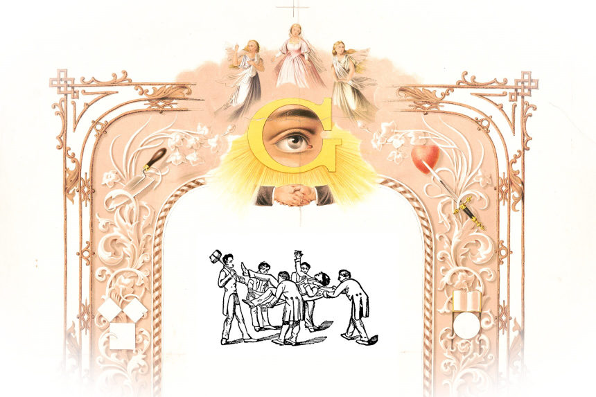Stylized Freemason artwork and engraved illustration of Hiram kidnapping