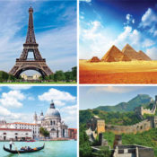 Views of the Eiffel Tower, the Pyramids at Giza, Venice, and the Great Wall of China.