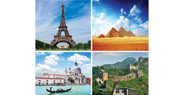 Views of the Eiffel Tower, the Pyramids at Giza, Venice, and the Great Wall of China.