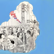 Illustrations of late Cold War political figures making peace in front of an Apollo rocket.
