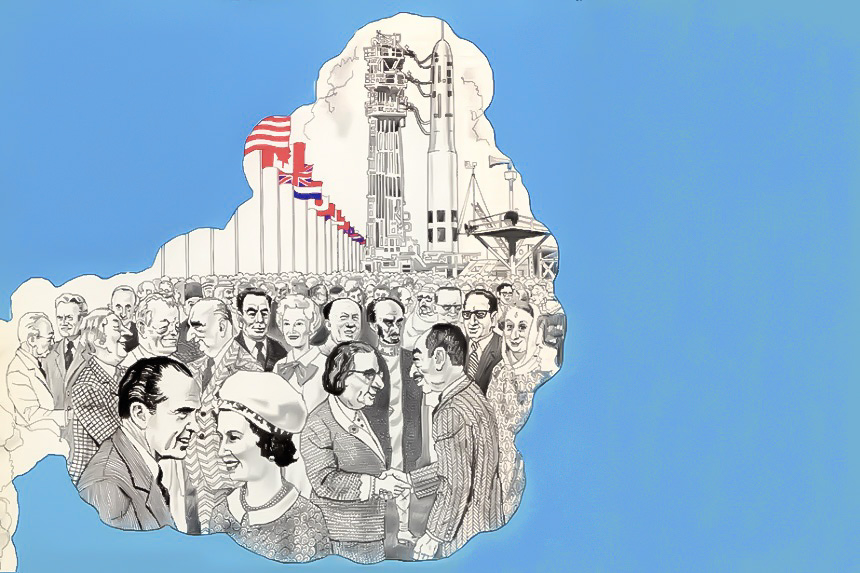 Illustrations of late Cold War political figures making peace in front of an Apollo rocket.