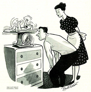 Baby being weighed on a scale, cartoon.