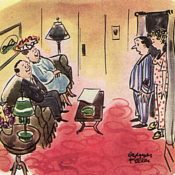 Couple overstaying their welcome, while the homeowners look on in their pajamas.