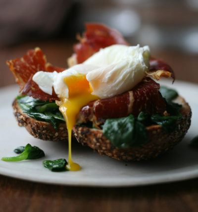 Sautéed Wild Mushrooms served on Toasted Bagel with Prosciutto and Poached Eggs