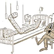 Man speaks to his bandaged friend in a hospital bed.