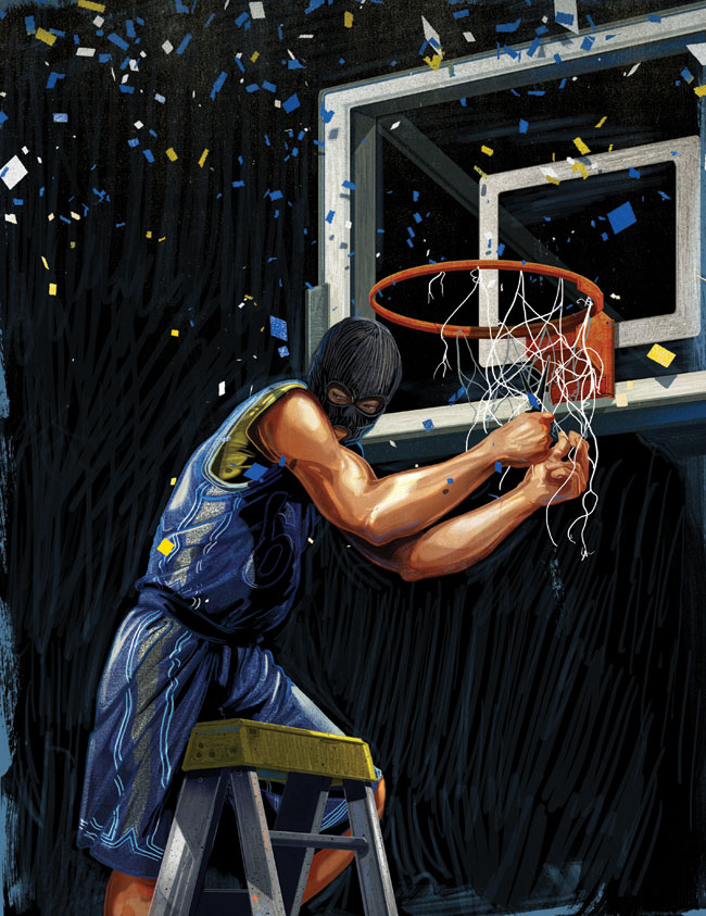 basketball player wearing ski mask, standing on ladder, cutting hoop net