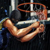 basketball player wearing ski mask, standing on ladder, cutting hoop net