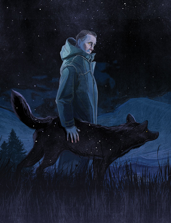 A jacketed man stands next to a wolf