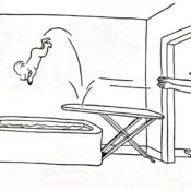 Kid dives into a bathtub using an ironing board as his mother yells at him in shock.