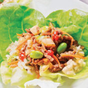 beef, carrots, and edamame set in Bibb lettuce leaf