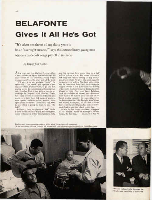 The first page of the article, "Belifonte-Gives-All-He's-Got"