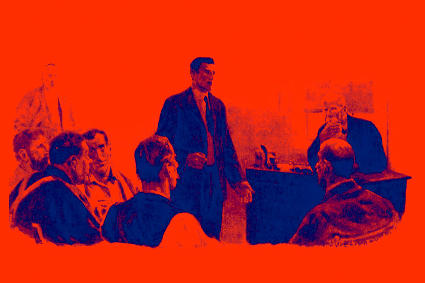 illustration of men gathered in courtroom