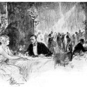 Man and a woman talk during a dinner party