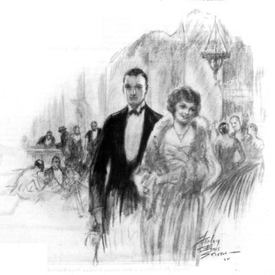Well-dressed man and woman attending a ball.